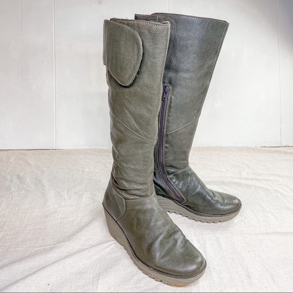 Fly London Shoes - Fly London Yulo Knee High Wedge Platform Boots Olive